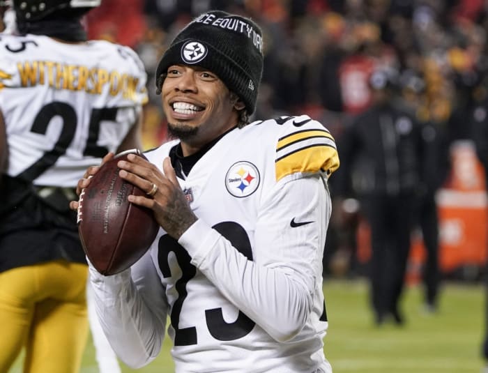 Jan 16, 2022; Kansas City, Missouri, USA; Pittsburgh Steelers cornerback Joe Haden (23) warms up against the Kansas City Chiefs in an AFC Wild Card playoff football game at GEHA Field at Arrowhead Stadium. Mandatory Credit: Denny Medley-USA TODAY Sports